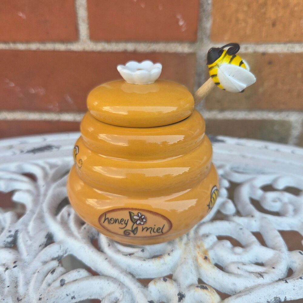 Honey Miel Ceramic Beehive Honey Pot Bee Dipper Lid Cottagecore 3.25"